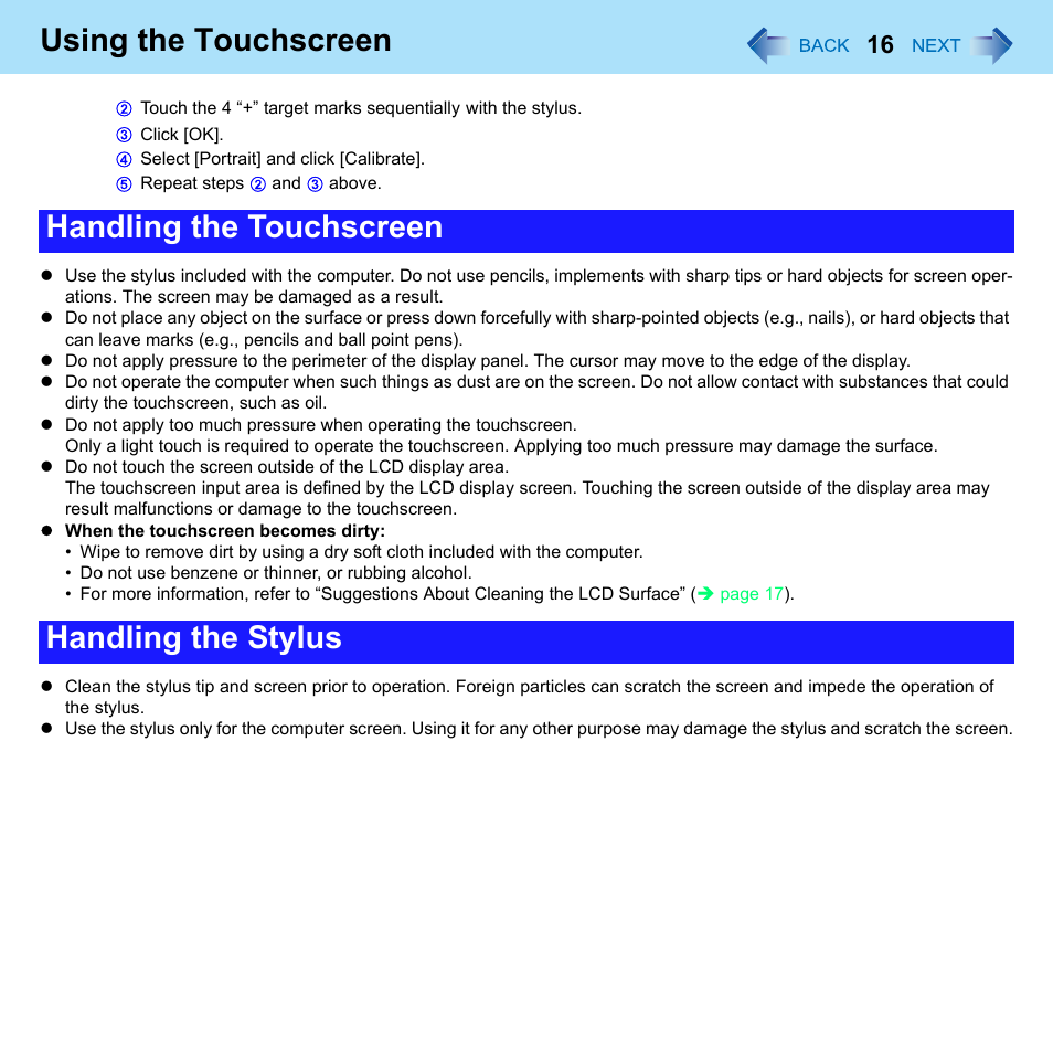 Using the touchscreen, Handling the touchscreen handling the stylus | Panasonic CF-W8 User Manual | Page 16 / 140