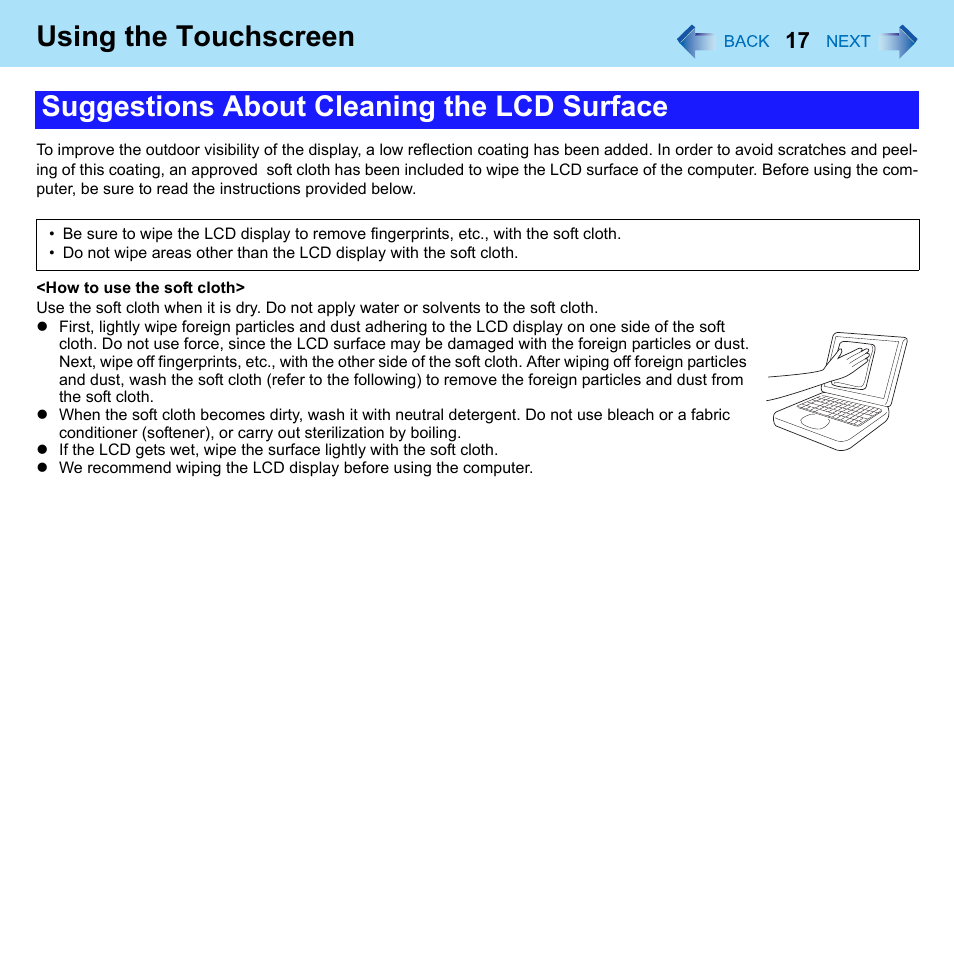 Using the touchscreen, Suggestions about cleaning the lcd surface | Panasonic CF-W8 User Manual | Page 17 / 140