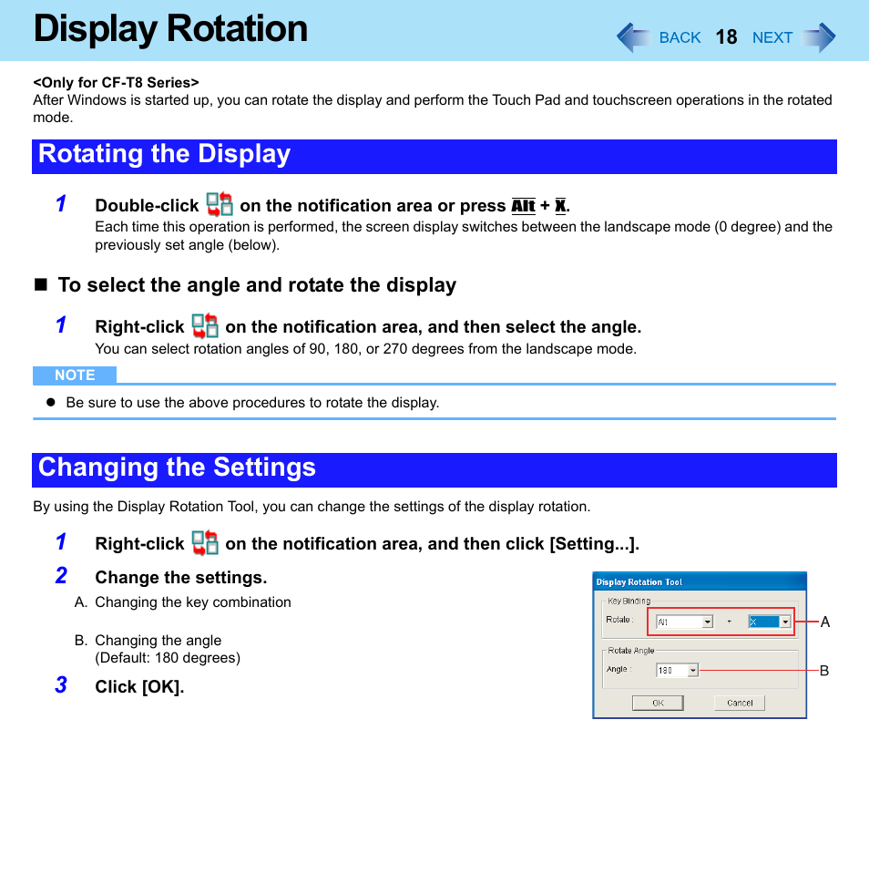 Display rotation, Rotating the display changing the settings | Panasonic CF-W8 User Manual | Page 18 / 140