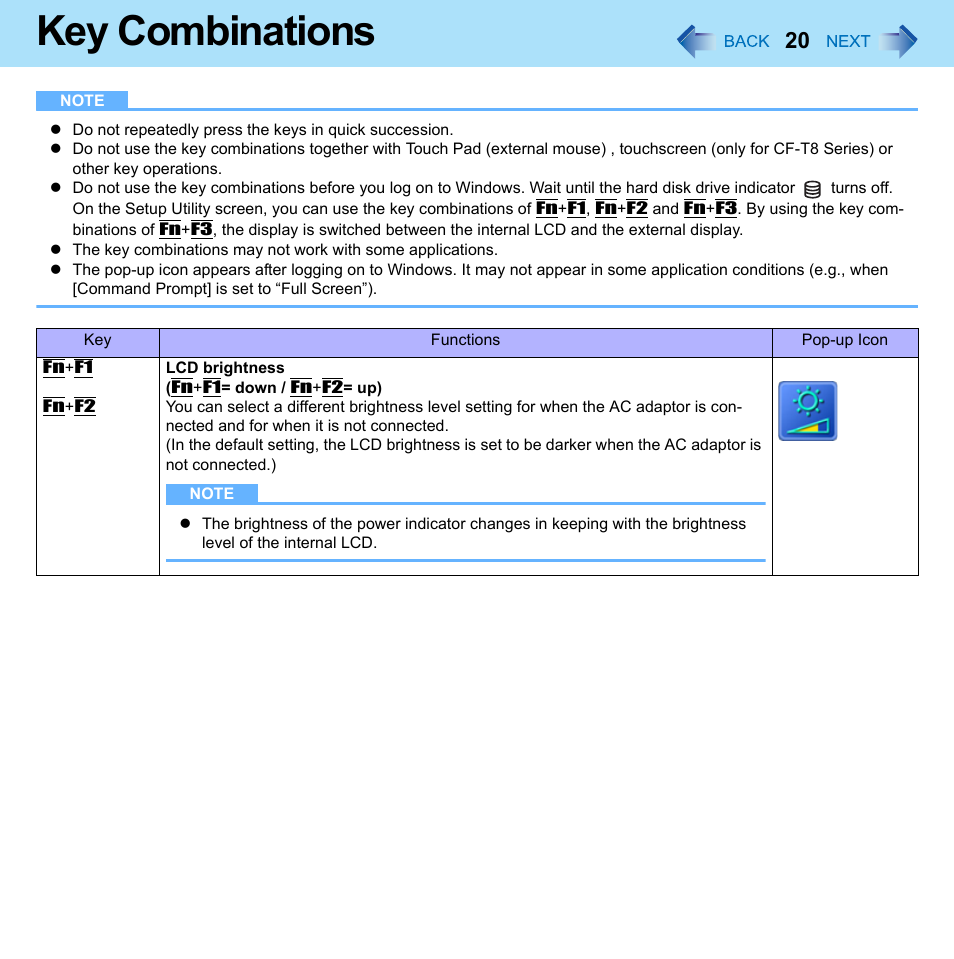 Key combinations | Panasonic CF-W8 User Manual | Page 20 / 140