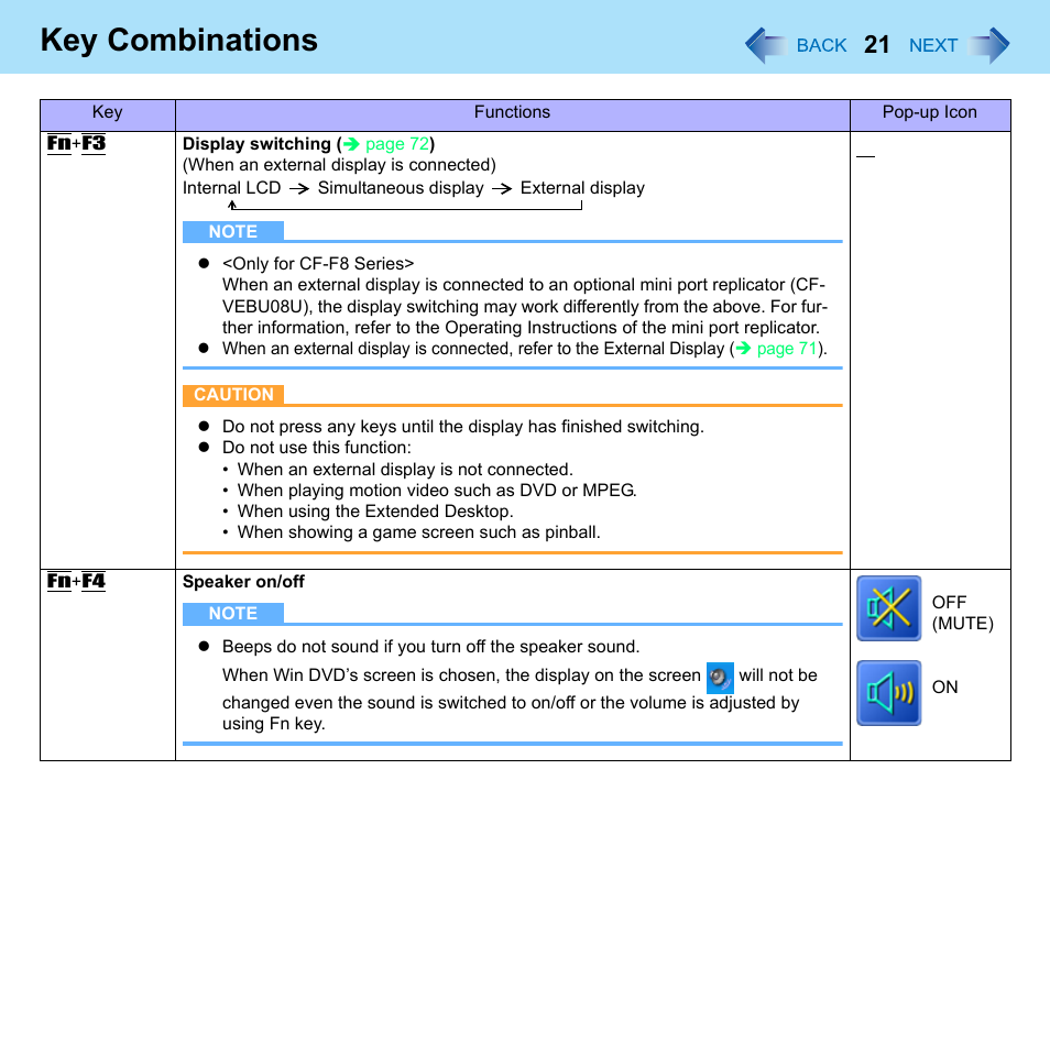 Key combinations | Panasonic CF-W8 User Manual | Page 21 / 140