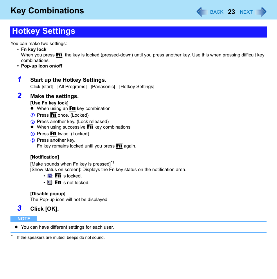 Key combinations, Hotkey settings | Panasonic CF-W8 User Manual | Page 23 / 140