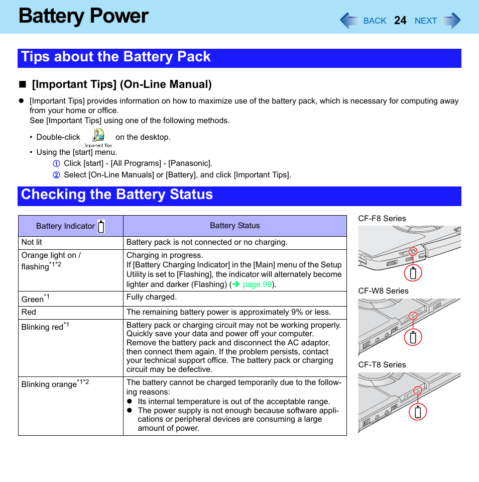 Battery power, Important tips] (on-line manual) | Panasonic CF-W8 User Manual | Page 24 / 140