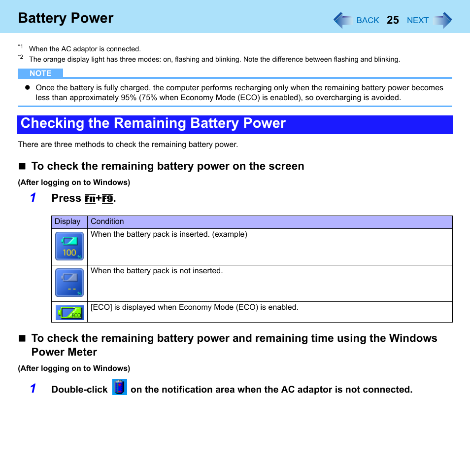 Battery power, Checking the remaining battery power, Press | Panasonic CF-W8 User Manual | Page 25 / 140