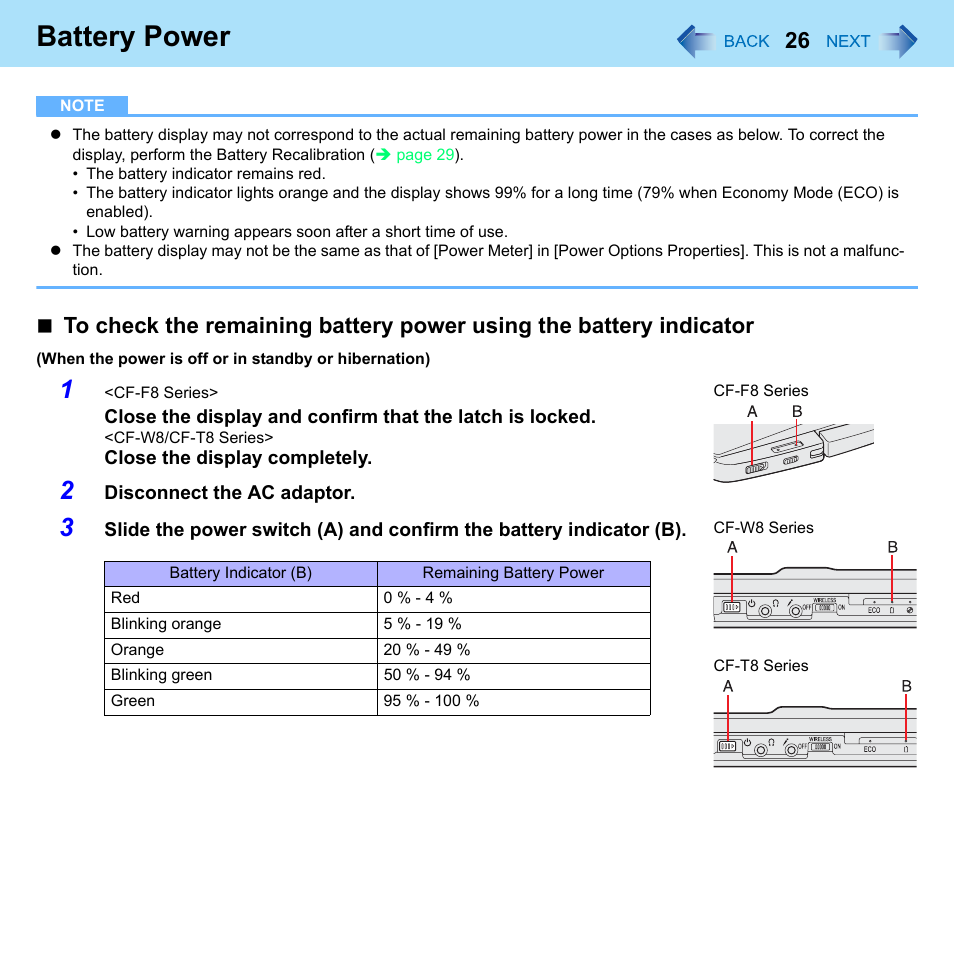 Battery power | Panasonic CF-W8 User Manual | Page 26 / 140