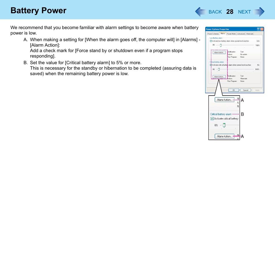 Battery power | Panasonic CF-W8 User Manual | Page 28 / 140