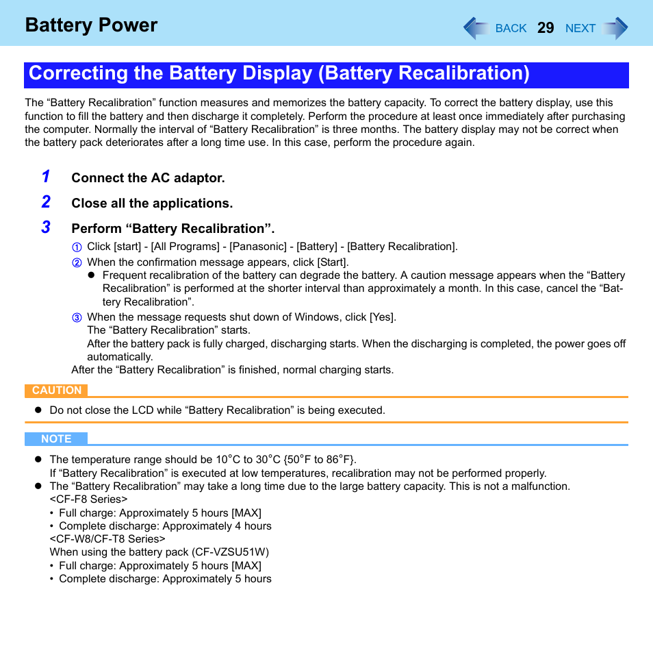 Battery power | Panasonic CF-W8 User Manual | Page 29 / 140
