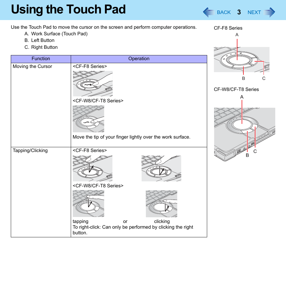 Using the touch pad | Panasonic CF-W8 User Manual | Page 3 / 140
