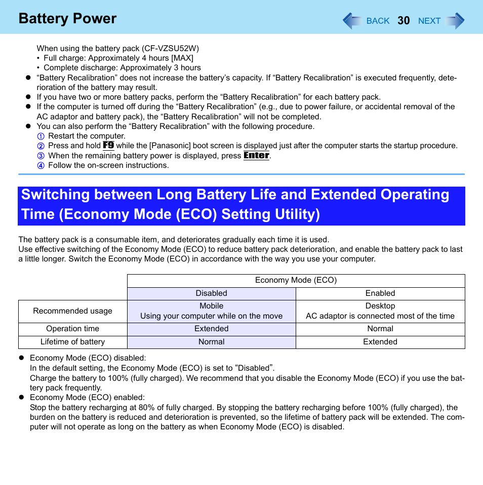 Battery power | Panasonic CF-W8 User Manual | Page 30 / 140