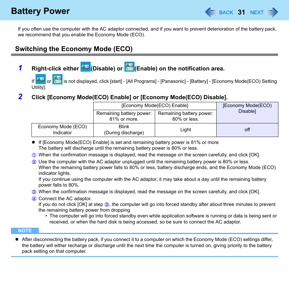 Battery power, Switching the economy mode (eco) | Panasonic CF-W8 User Manual | Page 31 / 140