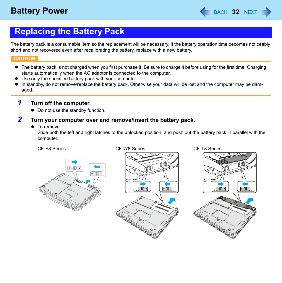 Battery power, Replacing the battery pack | Panasonic CF-W8 User Manual | Page 32 / 140