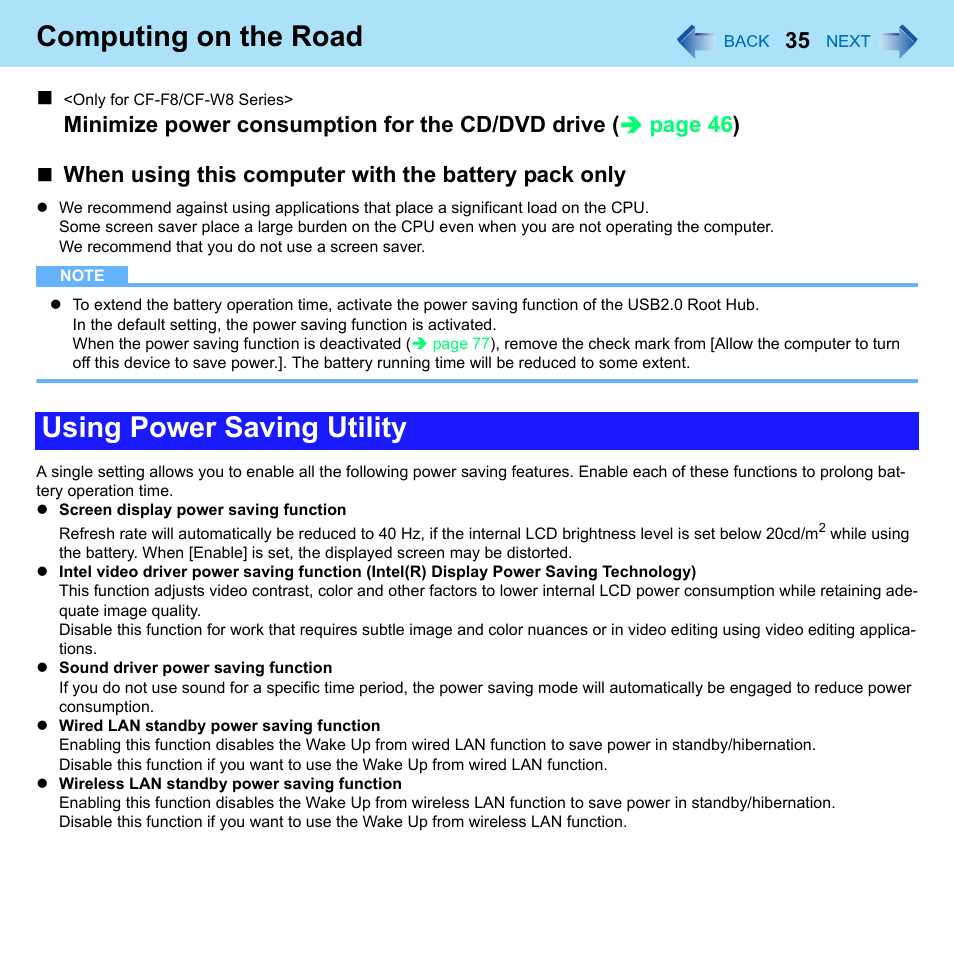 Use power saving utility, Computing on the road, Using power saving utility | Panasonic CF-W8 User Manual | Page 35 / 140