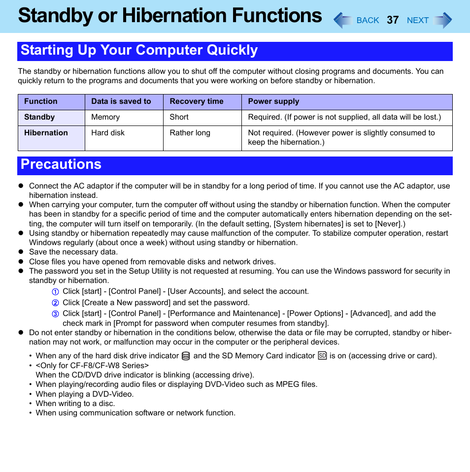 Standby or hibernation functions, Starting up your computer quickly, Precautions | Panasonic CF-W8 User Manual | Page 37 / 140