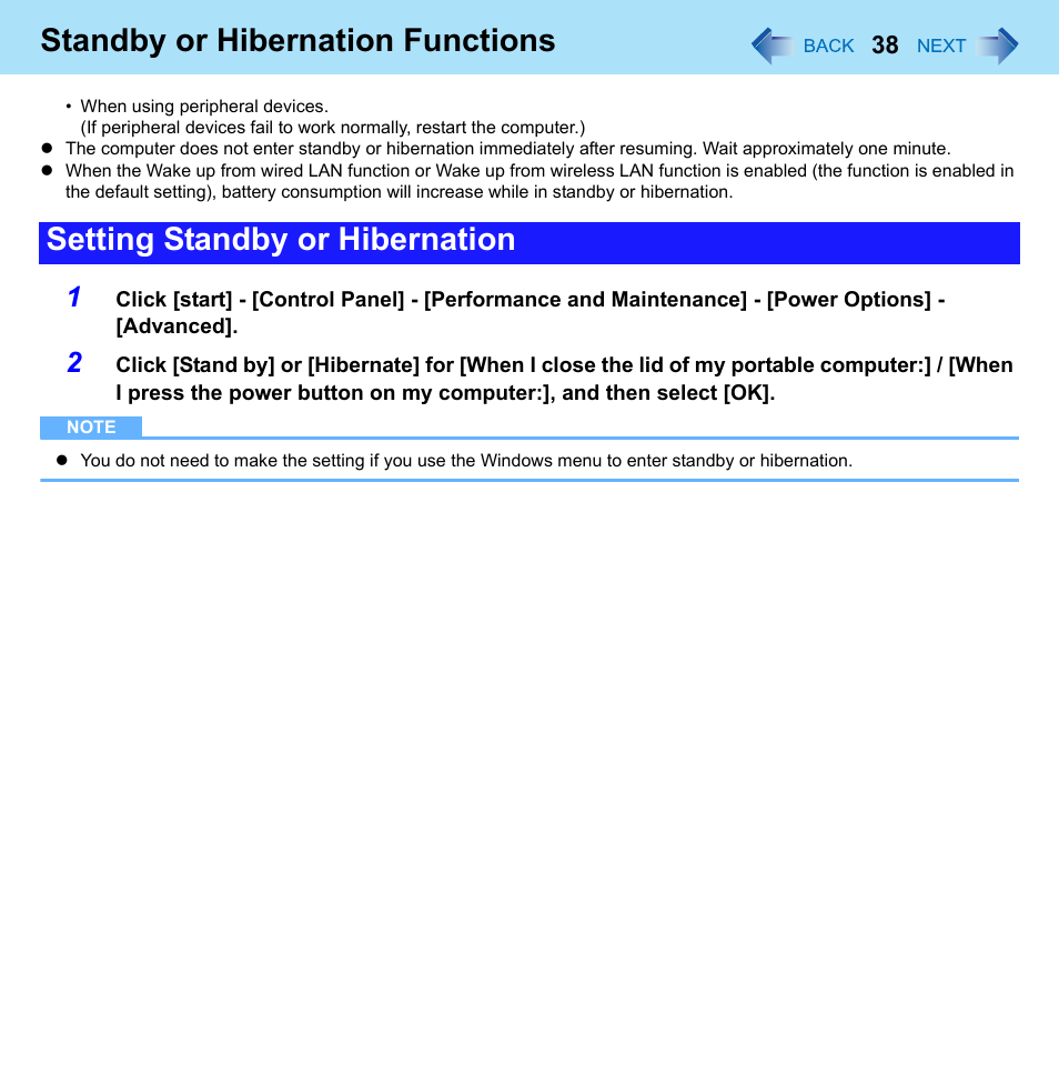 Standby or hibernation functions, Setting standby or hibernation | Panasonic CF-W8 User Manual | Page 38 / 140