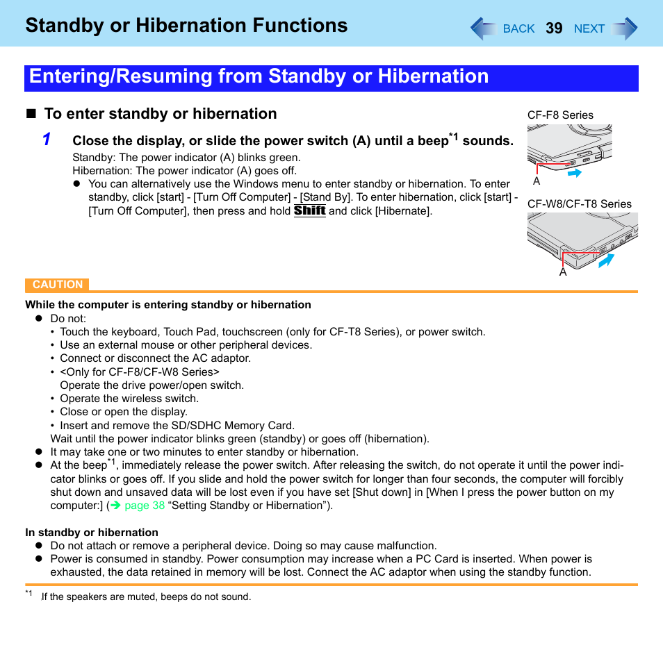 Standby or hibernation functions, Entering/resuming from standby or hibernation | Panasonic CF-W8 User Manual | Page 39 / 140