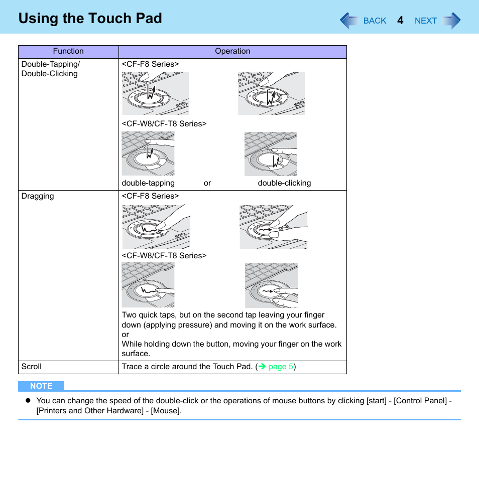 Using the touch pad | Panasonic CF-W8 User Manual | Page 4 / 140