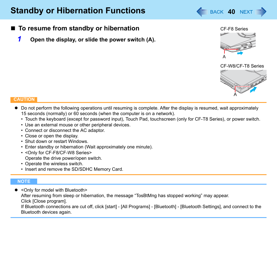 Standby or hibernation functions | Panasonic CF-W8 User Manual | Page 40 / 140