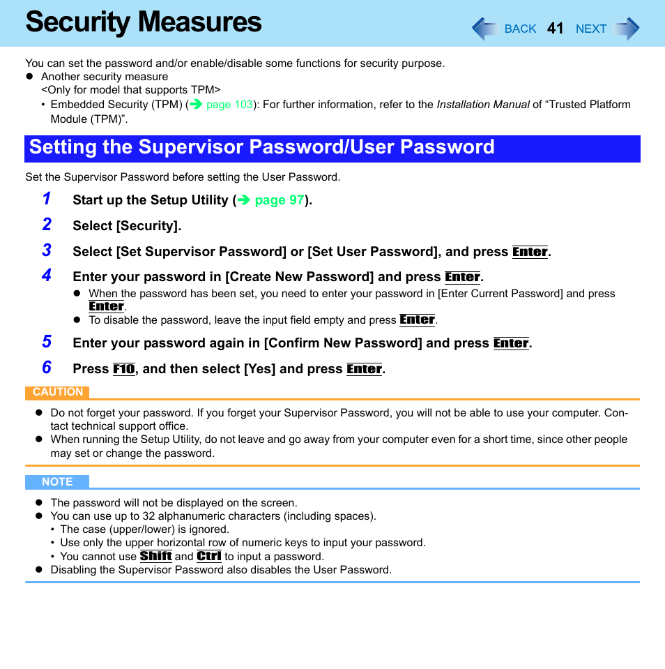 Security measures, Setting the supervisor password/user password | Panasonic CF-W8 User Manual | Page 41 / 140