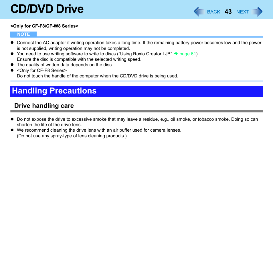 Cd/dvd drive, Handling precautions, Drive handling care | Panasonic CF-W8 User Manual | Page 43 / 140