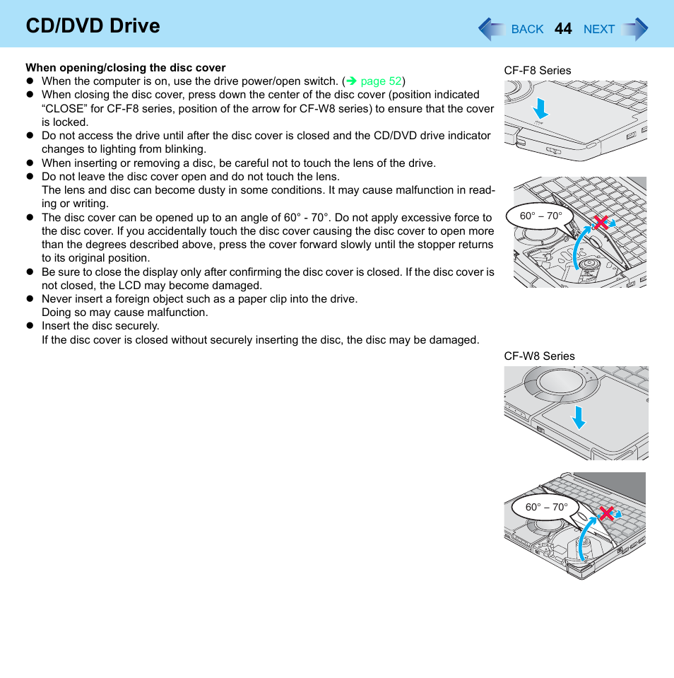 Cd/dvd drive | Panasonic CF-W8 User Manual | Page 44 / 140