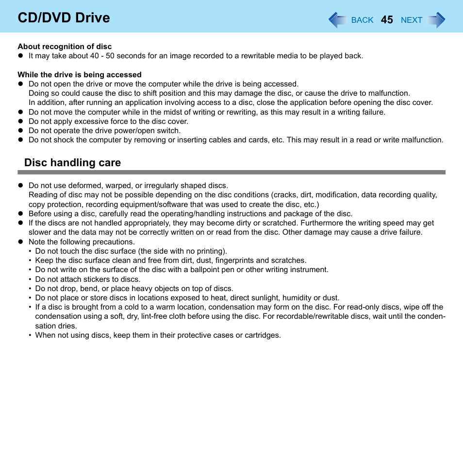 Cd/dvd drive, Disc handling care | Panasonic CF-W8 User Manual | Page 45 / 140