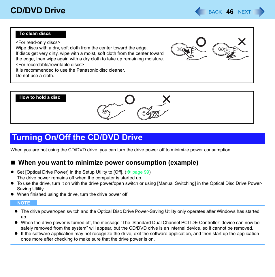 N for the cd/dvd drive, Cd/dvd drive, Turning on/off the cd/dvd drive | Panasonic CF-W8 User Manual | Page 46 / 140