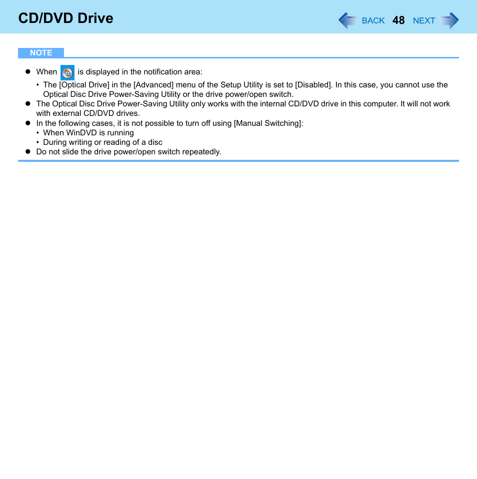 Cd/dvd drive | Panasonic CF-W8 User Manual | Page 48 / 140