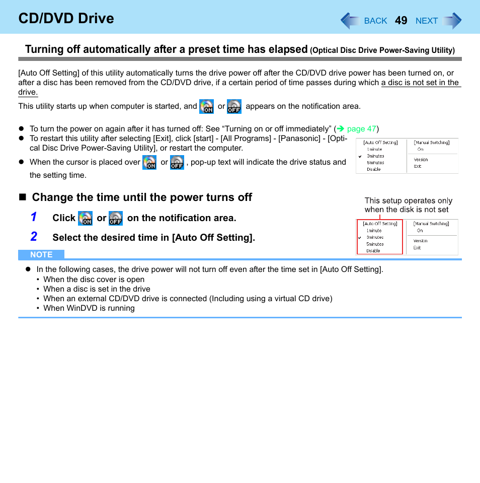 Cd/dvd drive, Change the time until the power turns off | Panasonic CF-W8 User Manual | Page 49 / 140