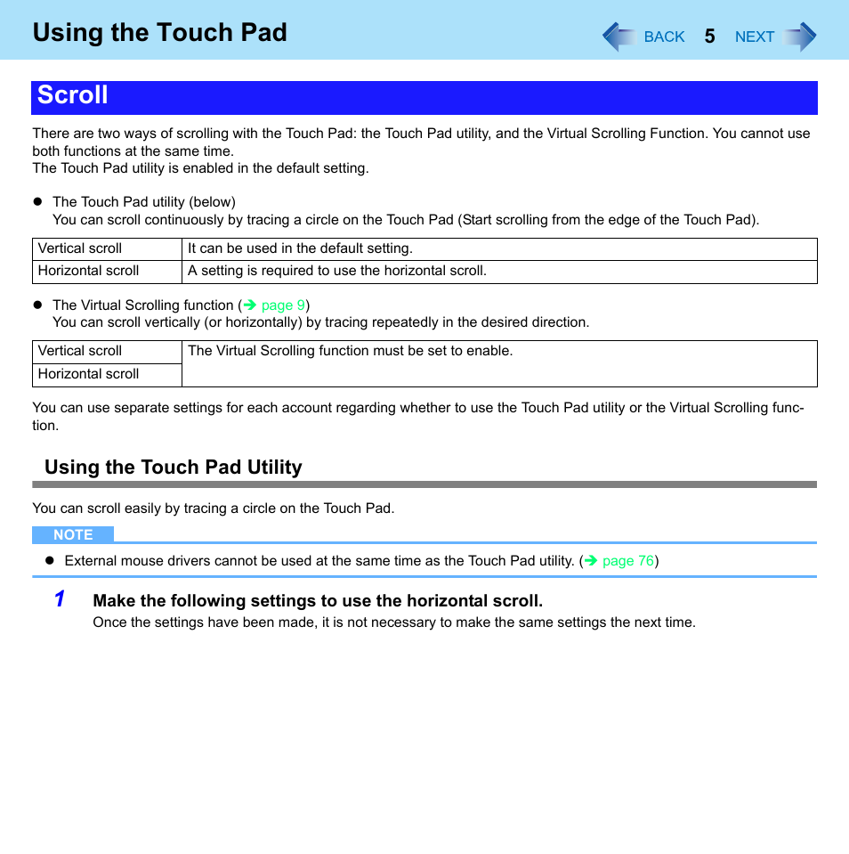 Using the touch pad, Scroll, Using the touch pad utility | Panasonic CF-W8 User Manual | Page 5 / 140