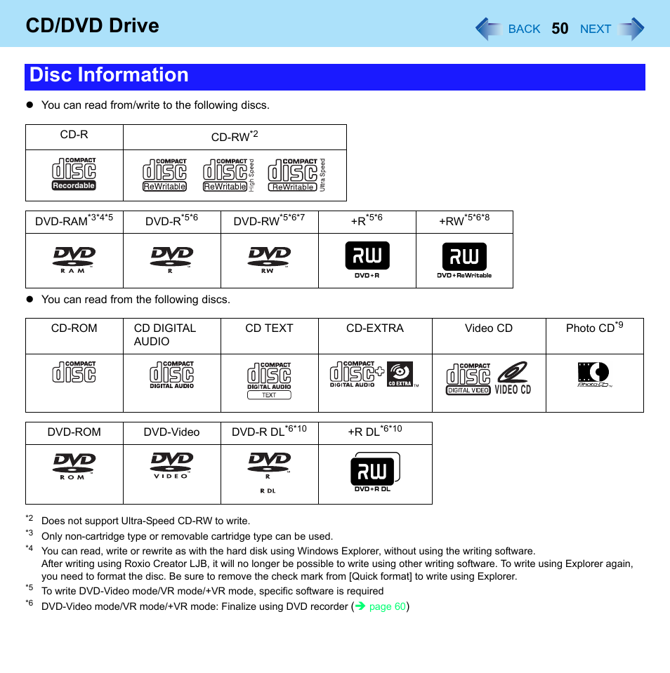 Cd/dvd drive, Disc information | Panasonic CF-W8 User Manual | Page 50 / 140