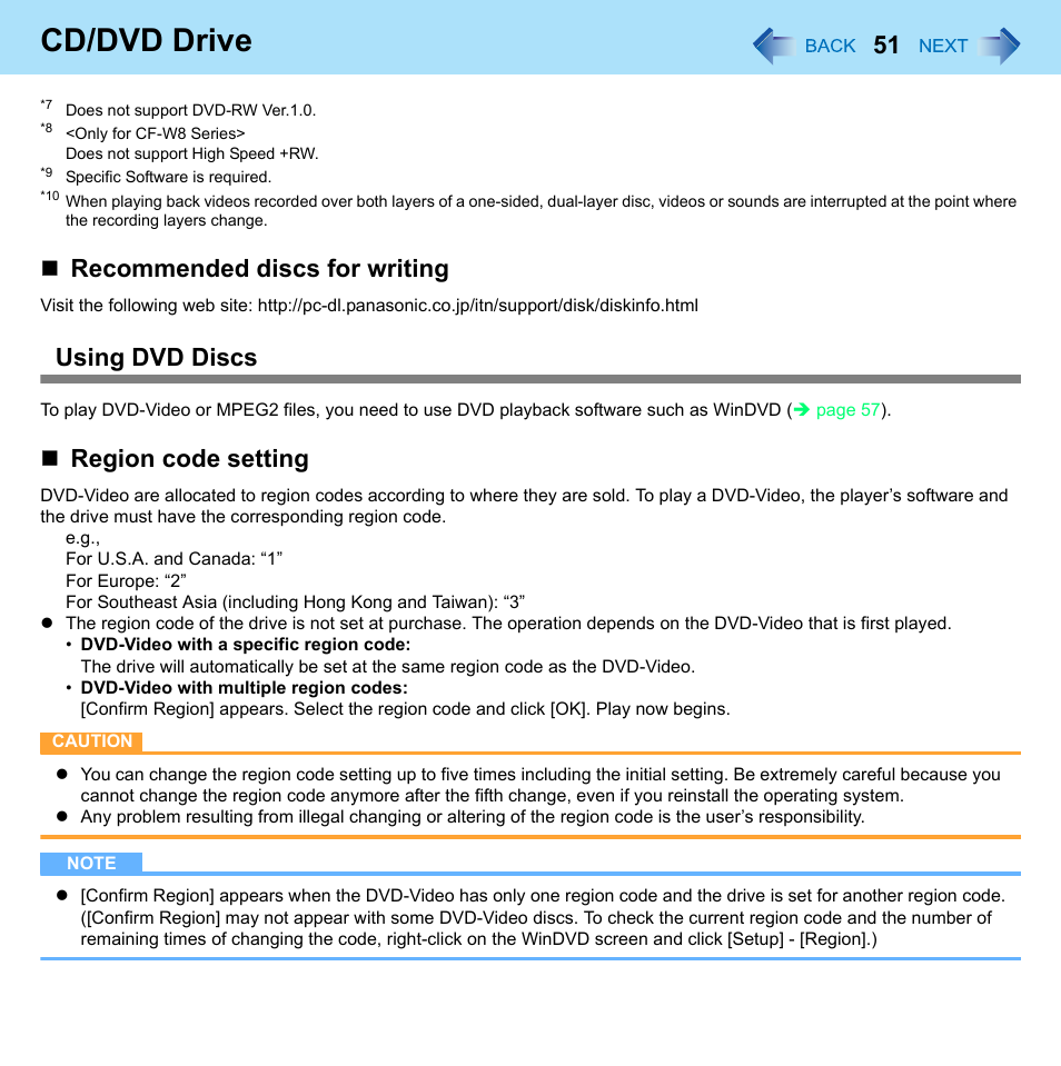 Photo cd, Cd/dvd drive, Recommended discs for writing | Using dvd discs, Region code setting | Panasonic CF-W8 User Manual | Page 51 / 140