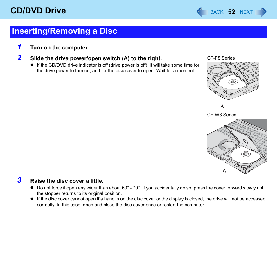 En switch, Cd/dvd drive, Inserting/removing a disc | Panasonic CF-W8 User Manual | Page 52 / 140