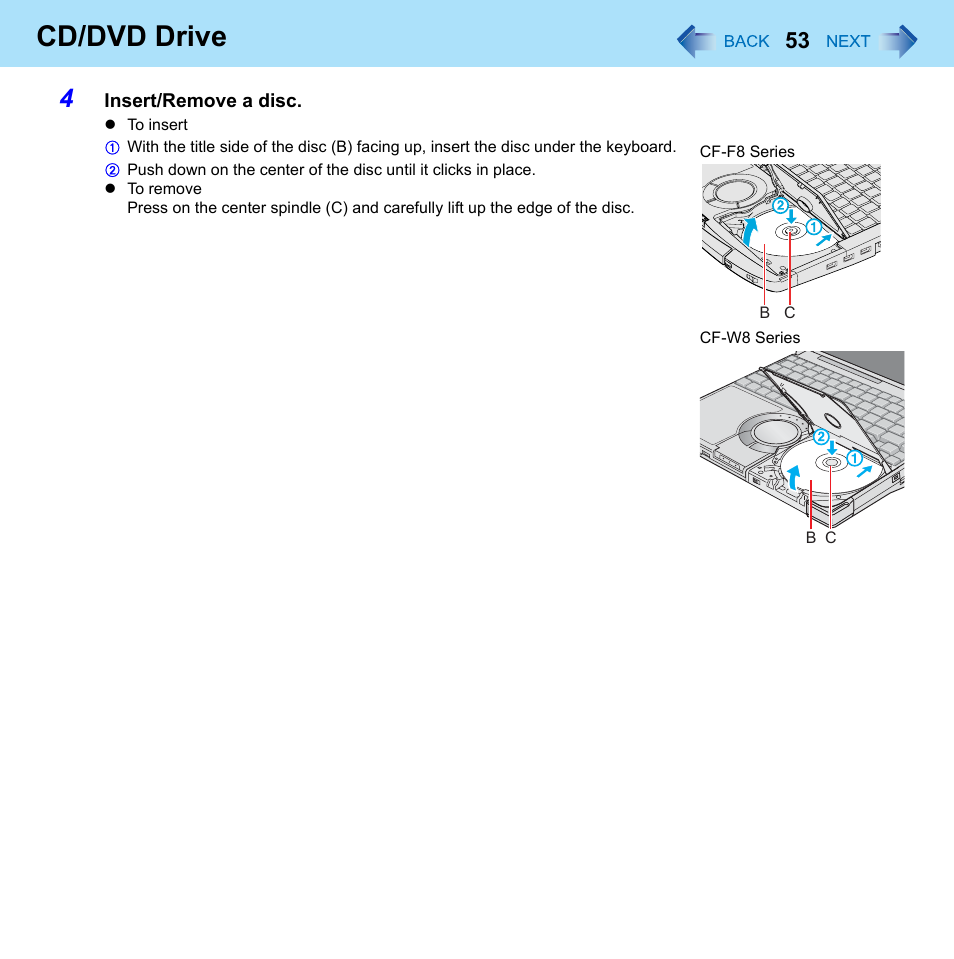 Cd/dvd drive | Panasonic CF-W8 User Manual | Page 53 / 140