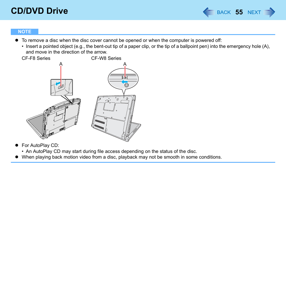 Cd/dvd drive | Panasonic CF-W8 User Manual | Page 55 / 140