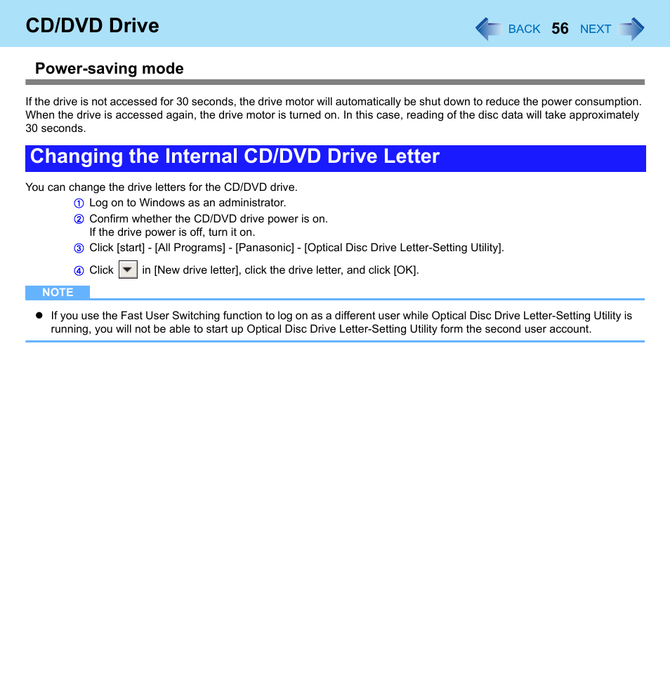 Cd/dvd drive, Changing the internal cd/dvd drive letter, Power-saving mode | Panasonic CF-W8 User Manual | Page 56 / 140