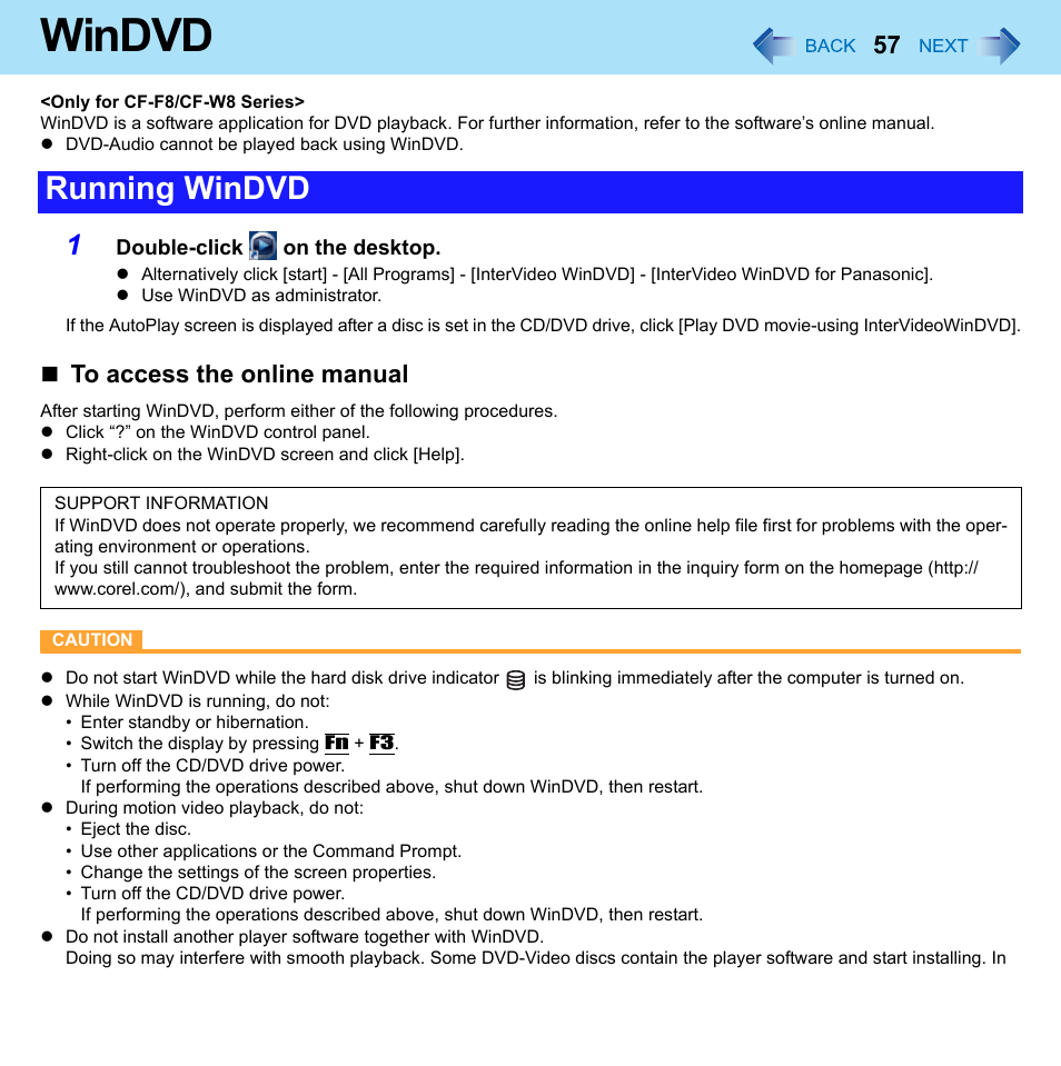 Windvd, Running windvd | Panasonic CF-W8 User Manual | Page 57 / 140