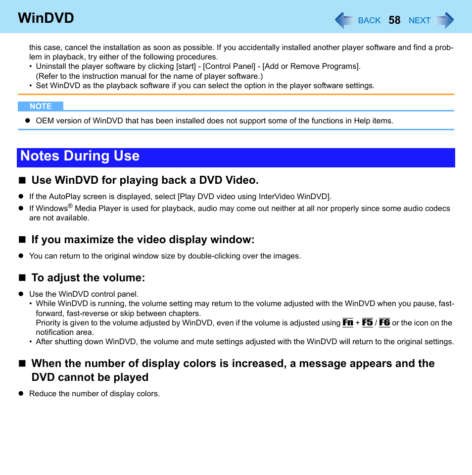 Windvd, Use windvd for playing back a dvd video, If you maximize the video display window | Panasonic CF-W8 User Manual | Page 58 / 140