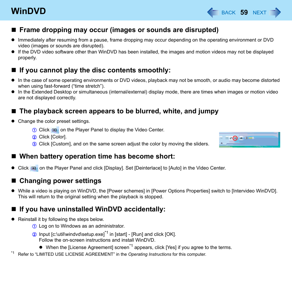 Windvd, If you cannot play the disc contents smoothly, When battery operation time has become short | Changing power settings, If you have uninstalled windvd accidentally | Panasonic CF-W8 User Manual | Page 59 / 140