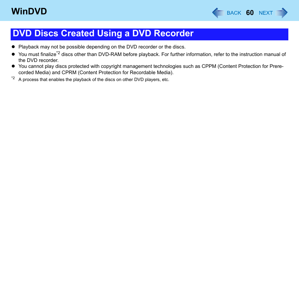 Windvd, Dvd discs created using a dvd recorder | Panasonic CF-W8 User Manual | Page 60 / 140