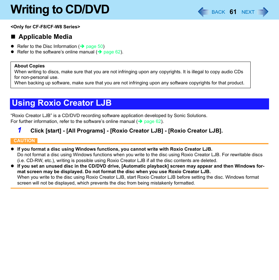 Writing to cd/dvd, Using roxio creator ljb, Applicable media | Panasonic CF-W8 User Manual | Page 61 / 140