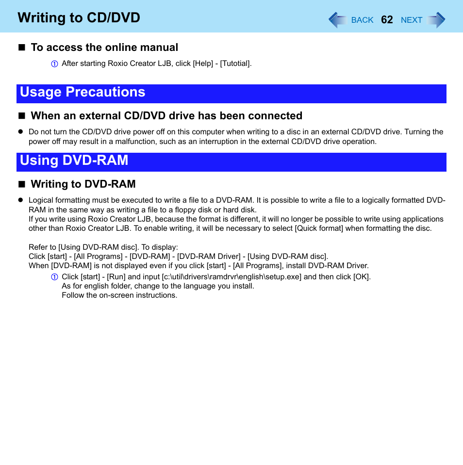 Writing to cd/dvd, Usage precautions using dvd-ram, When an external cd/dvd drive has been connected | Writing to dvd-ram | Panasonic CF-W8 User Manual | Page 62 / 140