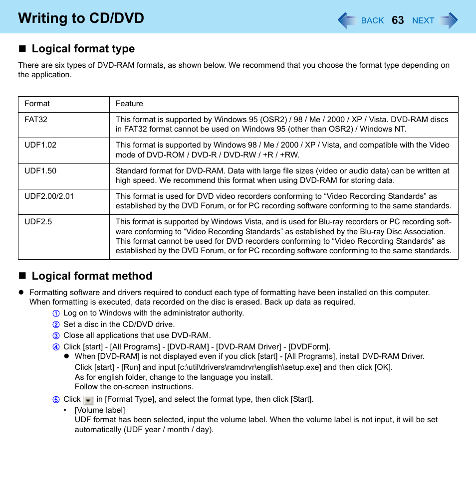 Writing to cd/dvd, Logical format type, Logical format method | Panasonic CF-W8 User Manual | Page 63 / 140