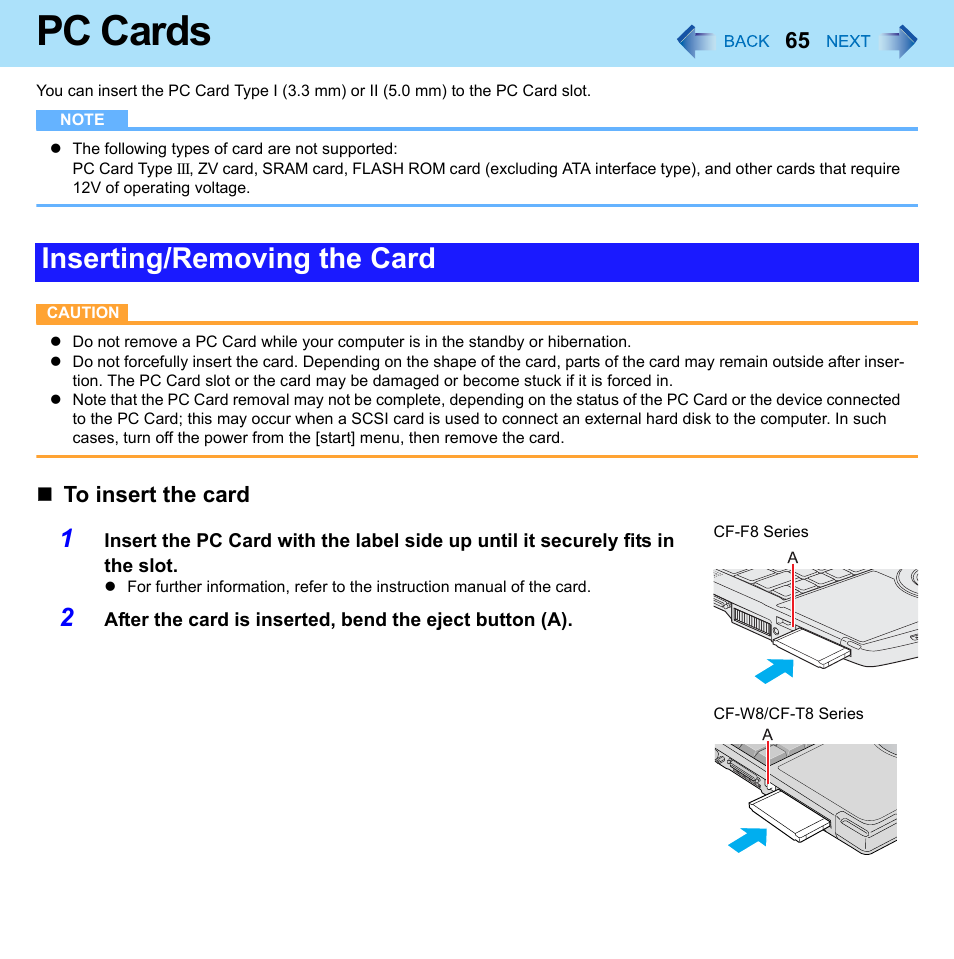 Pc cards, Inserting/removing the card | Panasonic CF-W8 User Manual | Page 65 / 140