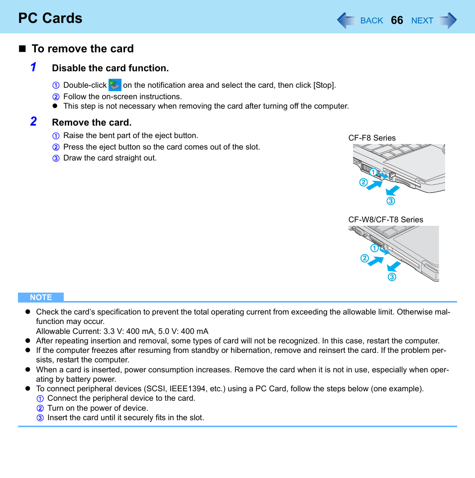 Pc cards | Panasonic CF-W8 User Manual | Page 66 / 140