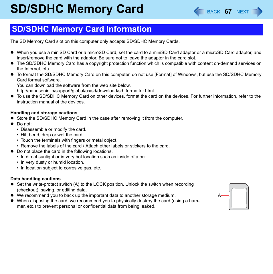 Sd/sdhc memory card | Panasonic CF-W8 User Manual | Page 67 / 140