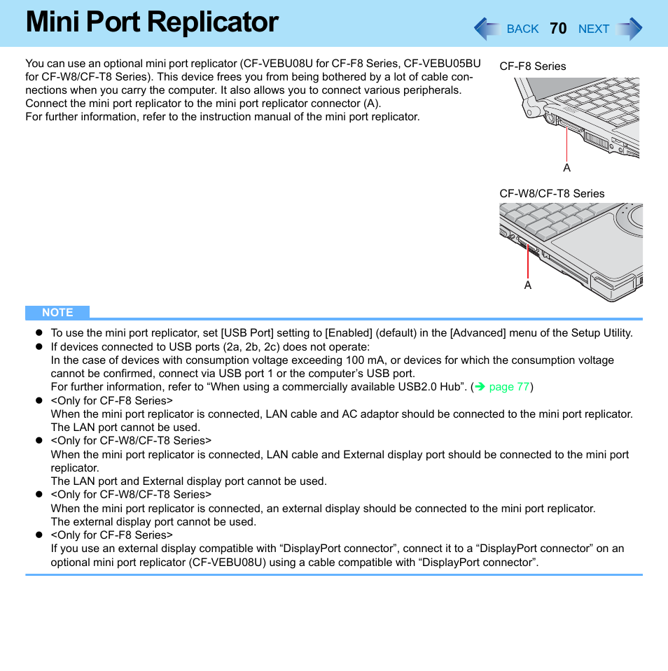 Mini port replicator | Panasonic CF-W8 User Manual | Page 70 / 140