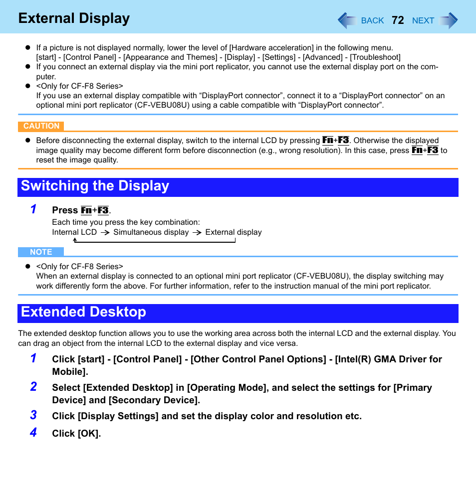 External display, Switching the display extended desktop | Panasonic CF-W8 User Manual | Page 72 / 140