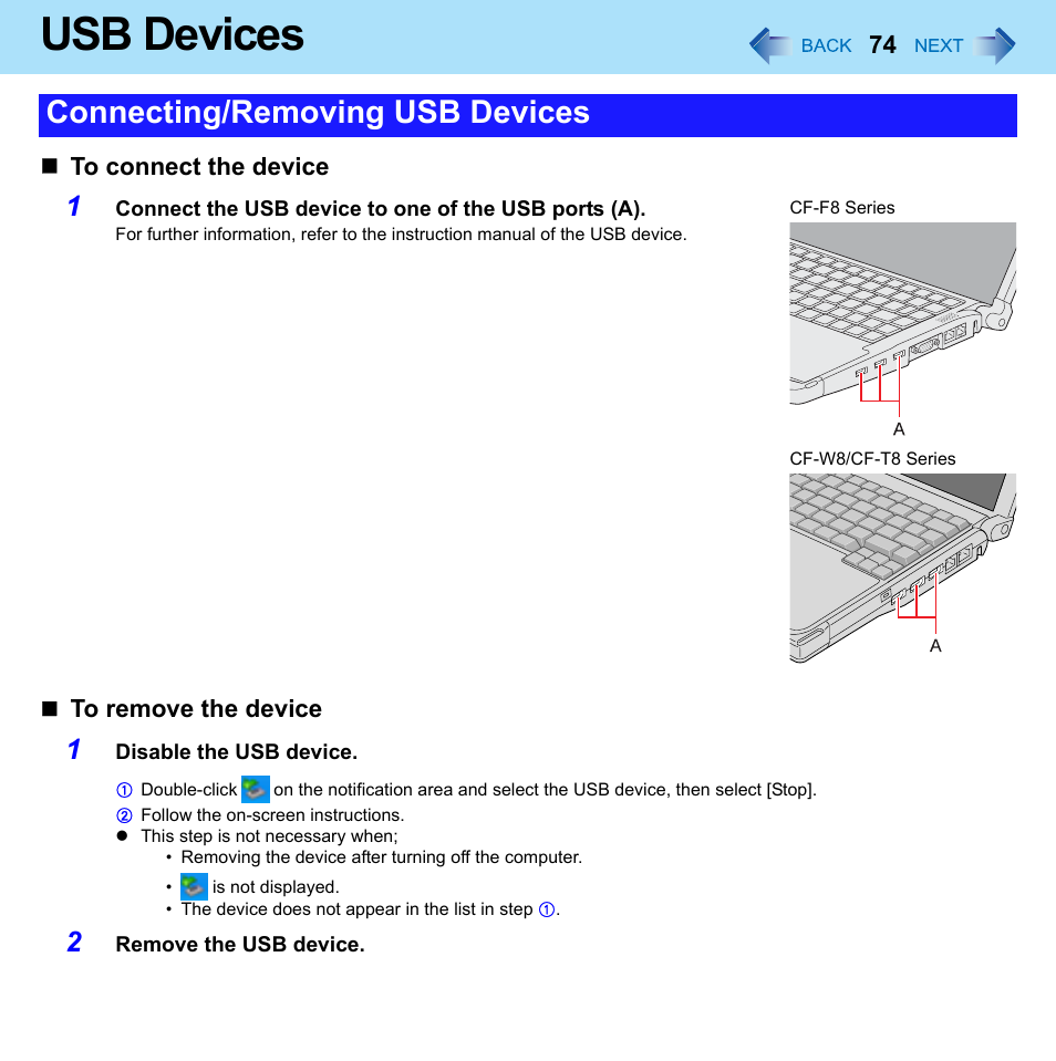 Usb devices, Connecting/removing usb devices | Panasonic CF-W8 User Manual | Page 74 / 140