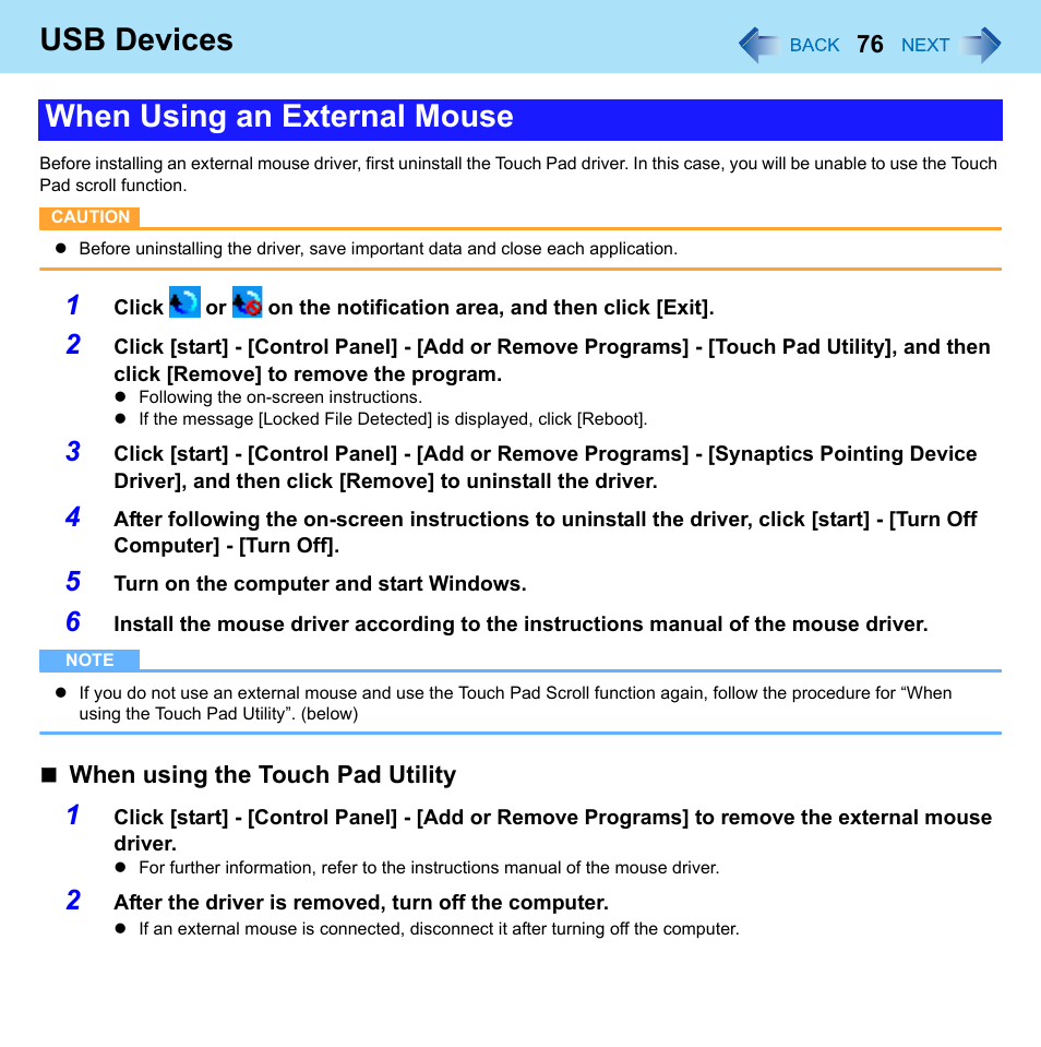 Usb devices, When using an external mouse | Panasonic CF-W8 User Manual | Page 76 / 140