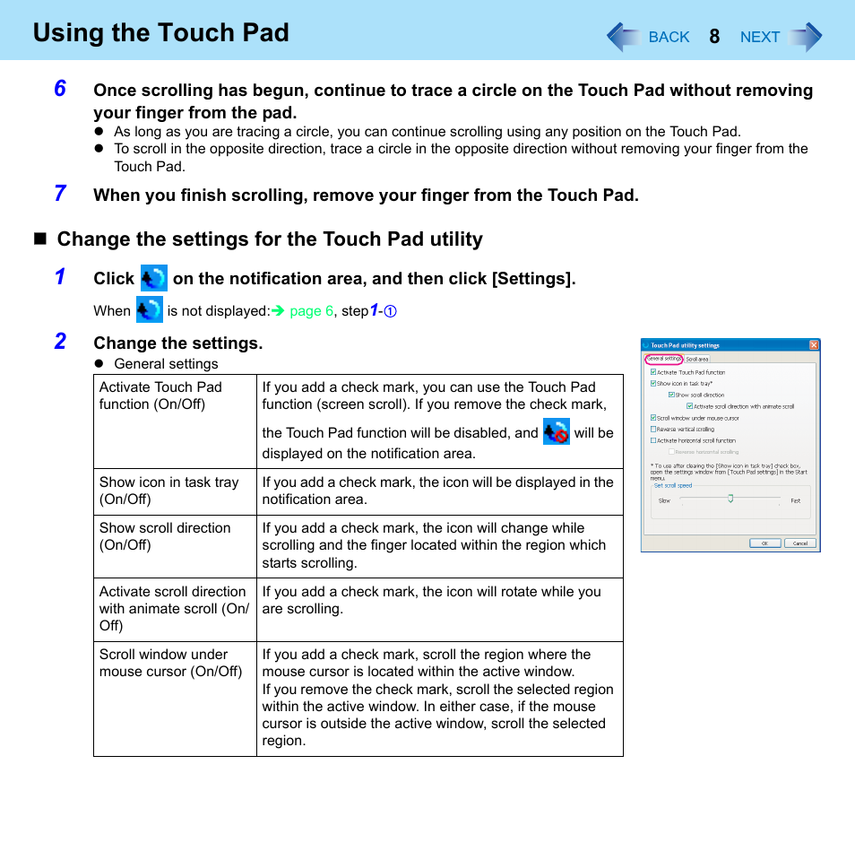 Using the touch pad, Change the settings for the touch pad utility | Panasonic CF-W8 User Manual | Page 8 / 140